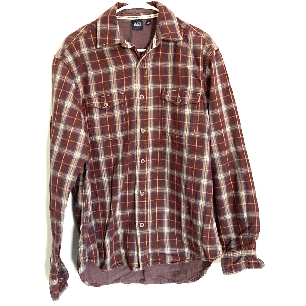 BLUE Saks Fifth Avenue Shirt Mens L Brown/Blue Plaid Flannel Button Front Cotton